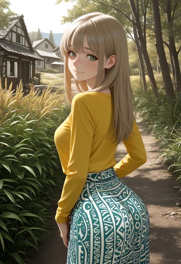 she is looking back over her shoulder with a sad smile,light cotton yellow shirt,long blue patterned skirt,dusty vill…