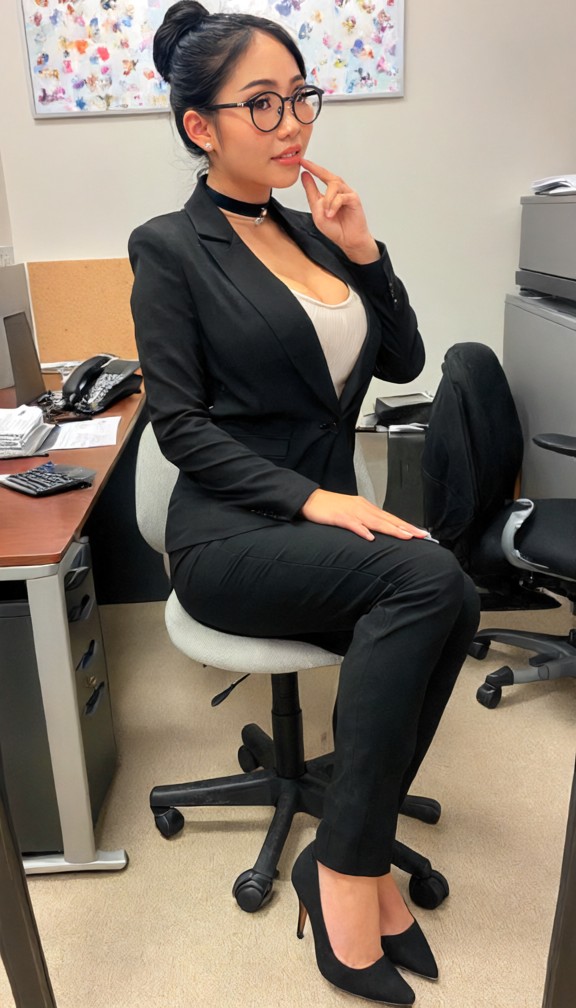 business attire,suit,blouse,office outfit,formal look,subtle makeup,earrings,flirty,subtle smile,direct gaze,soft exp…