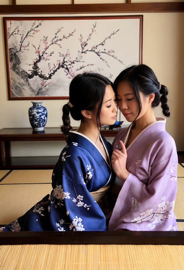 kissing,1girl kneeling with arched back,1girl bending over,hands tangled in hairc,pale lavender silk kimono,dark blue…
