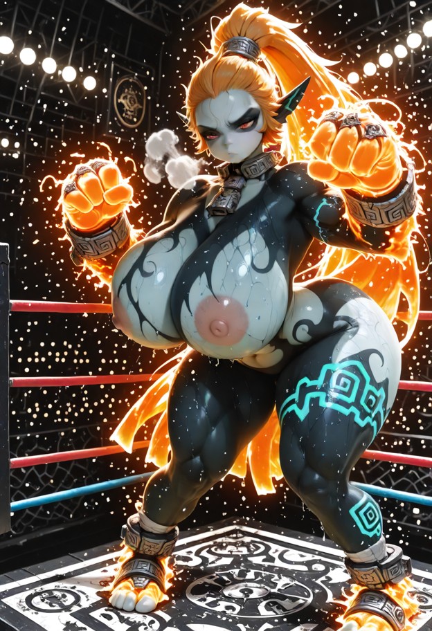 gigantic breasts(big chest: 5.5) 1girl,solo,punching,standing on ring,front view,muscular,abs,thick_thighs: 4.5,wide_…