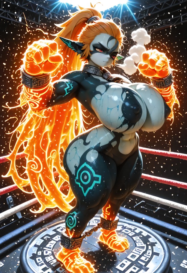 gigantic breasts(big chest: 5.5) 1girl,solo,punching,standing on ring,front view,muscular,abs,thick_thighs: 4.5,wide_…