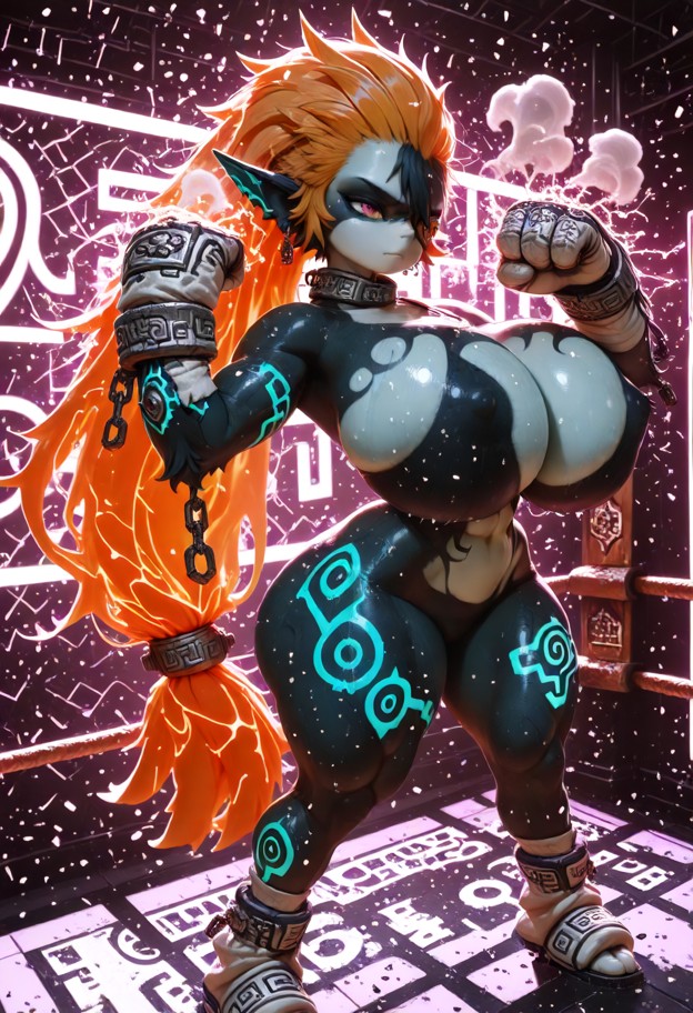 gigantic breasts(big chest: 5.5) 1girl,solo,punching,standing on ring,front view,muscular,abs,thick_thighs: 4.5,wide_…