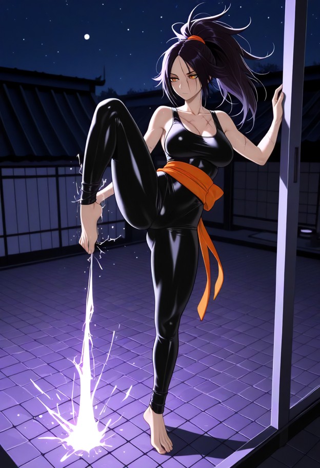 kuroha yurei is captured mid-roundhouse kick at chest-height,body fully extended sideways,right leg snapping horizont…