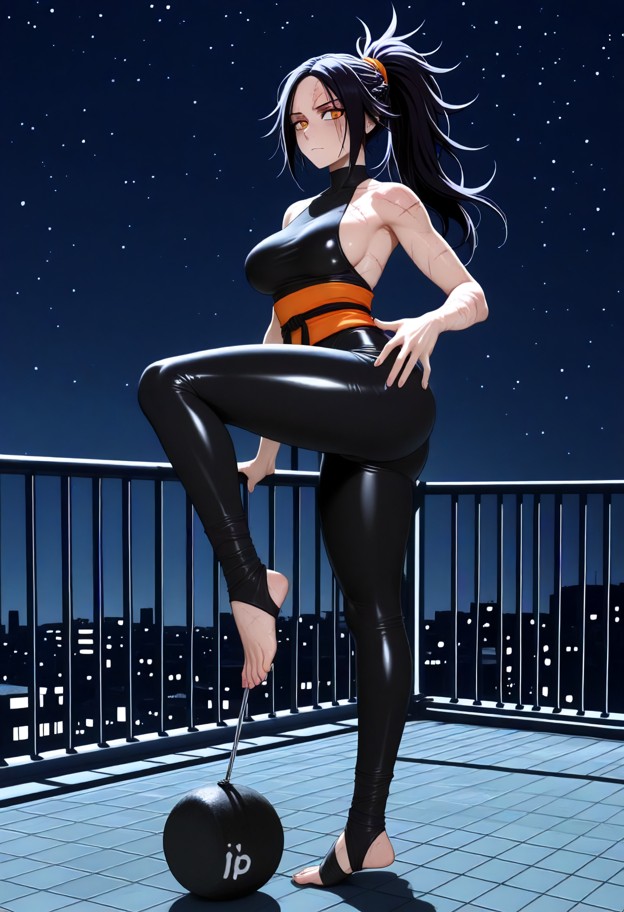 kuroha yurei is captured mid-spinning heel kick,body coiled in a tight 360-degree spin,right leg extended fully strai…