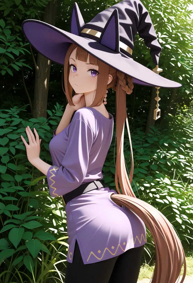 sweep tosho leaning her face against the viewer's neck,boobs,purple silk tunic,dark witch hat,black leggings,lush gre…