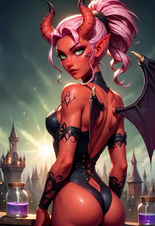 a
 cinematic masterpiece of a stunningly beautiful succubus alchemist with
 obsidian horns and tattered lace wings,st…