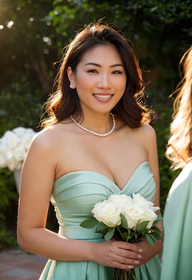 a poised 42-year-old asian woman,radiating quiet elegance,stands as a bridesmaid at her sister's wedding. she is of e…