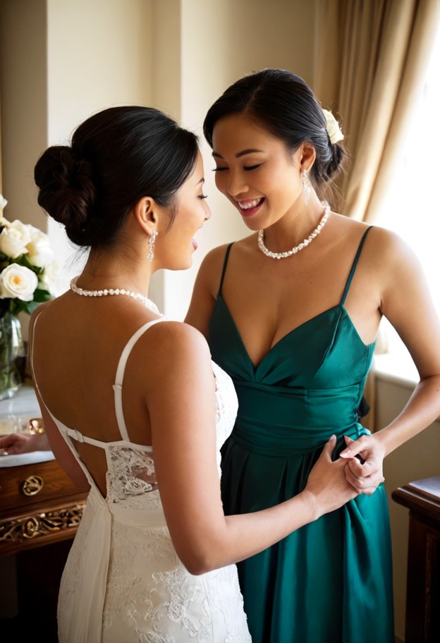 a 42-year-old east asian woman,radiant with genuine affection and subtle excitement,stands as a devoted bridesmaid. h…