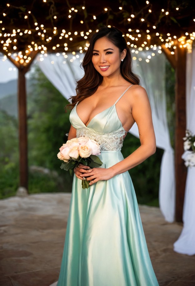 a radiant 42-year-old east asian woman,embodying the role of a bridesmaid with heartfelt joy,stands poised at the edg…