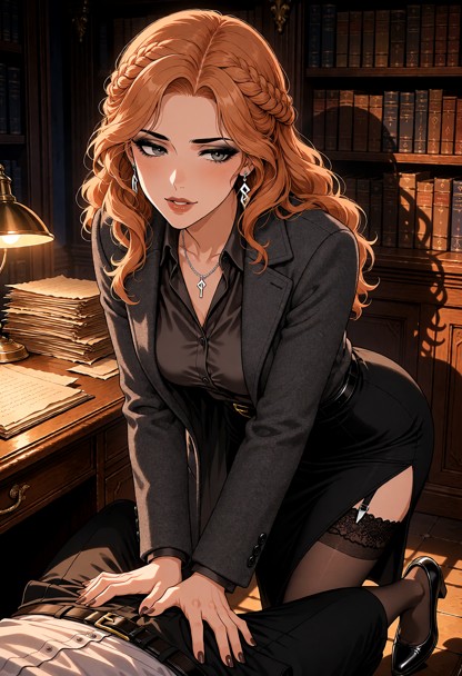 Location: late evening in a scholarly office filled with heavy oak bookshelves and stacks of parchment, where the dim…