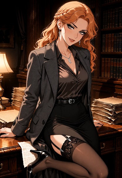 Location: late evening in a scholarly office filled with heavy oak bookshelves and stacks of parchment, where the dim…