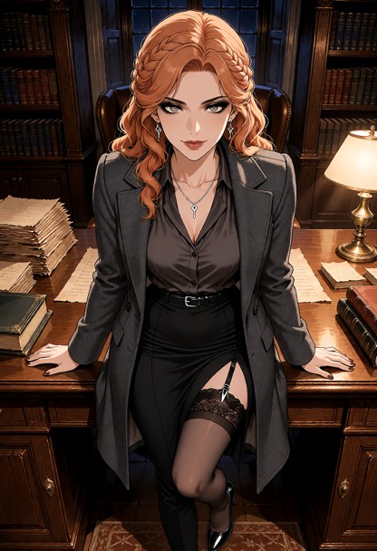Location: late evening in a scholarly office filled with heavy oak bookshelves, stacks of parchment, and a dim desk l…