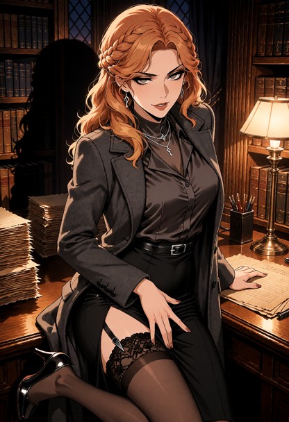 Location: late evening in a scholarly office filled with heavy oak bookshelves and stacks of parchment, where the dim…