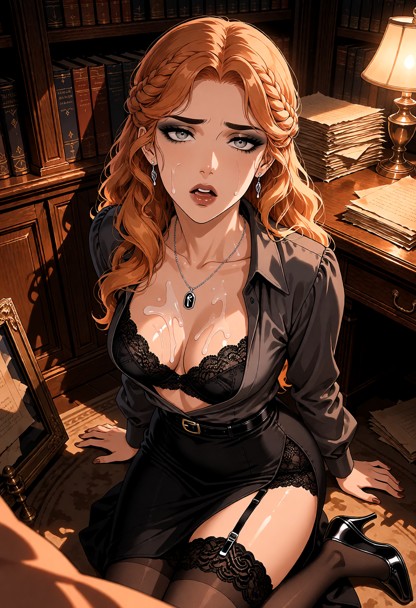 Location: late evening in a scholarly office filled with heavy oak bookshelves and stacks of parchment, where the dim…