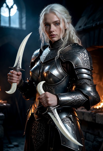 distant wide shot of a female blacksmith wearing [dark, ornate fantasy plate armor with gothic engravings]. she is ho…