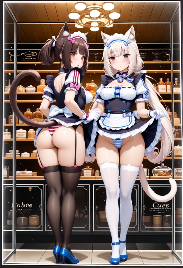 chocola and vanilla lifting their skirts and blushing,dark maid dresses,white aprons,white gloves,black thigh-high st…