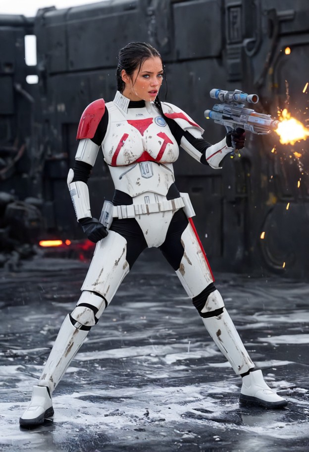 location: a daytime star wars sci fi battle field. action: talia,large breasts,hard nipples,makes an angry face as sh…