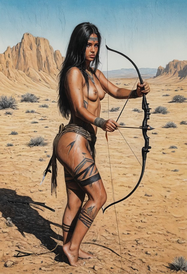 (1girl,tribal wasteland survivor:1.2),holding and ((drawing one single massive mechanical recurve bow:1.6)),(knees be…