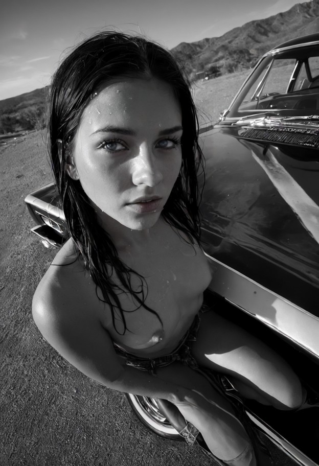 (wide angle shot,from slightly elevated angle:2.1),a stunning woman sitting on the hood of a classic chevrolet bel ai…
