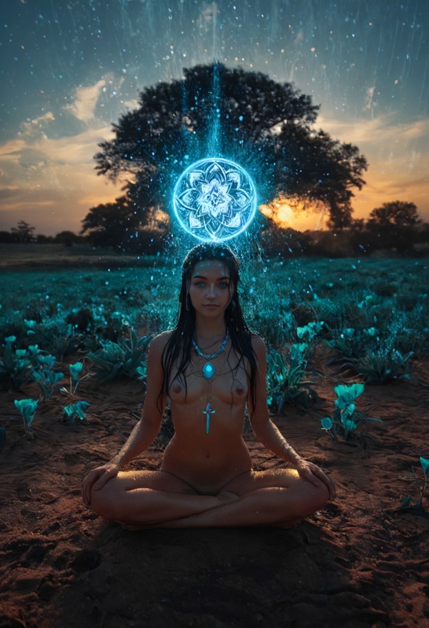 full body shot,wide angle,centered composition. a woman is levitating in a cross-legged lotus position,floating weigh…