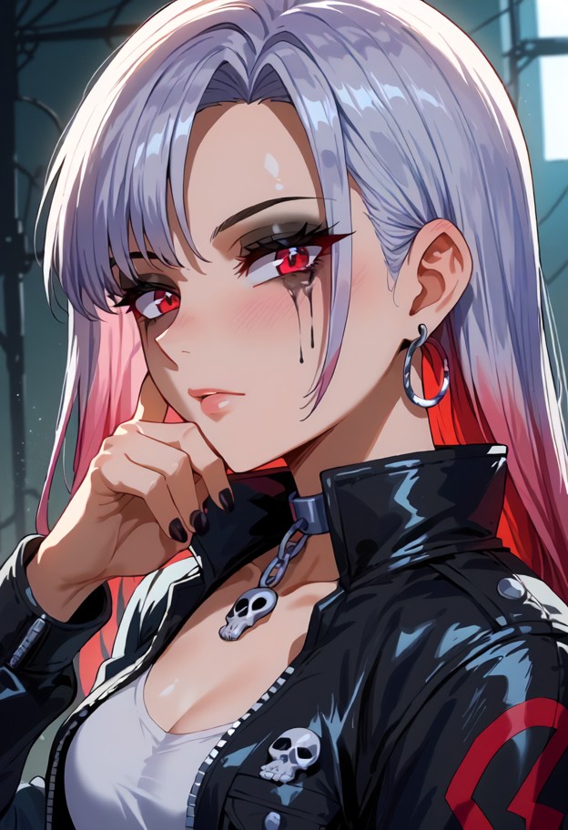 she is is grabbing viewer's chin with a knife,black leather jacket,ripped blue jeans,dark concrete underpass tunnel,d…