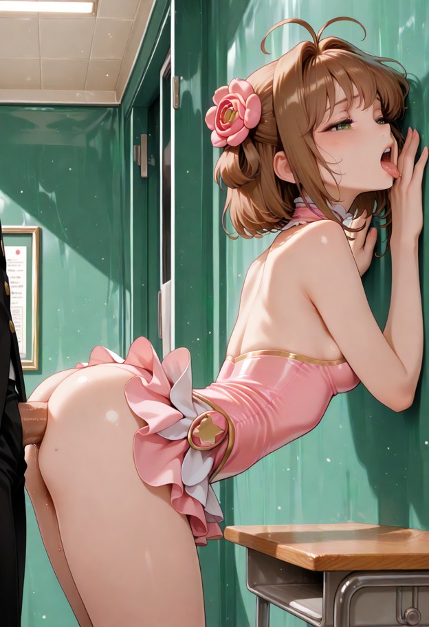 costume de magical girl rose,1girl,against the wall,solo,arched back,boobs pressing wall,bending forward,anal,classro…