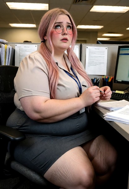 Location: office cubicle, cluttered desk with papers and a computer monitor, fluorescent ceiling lights, office chair…