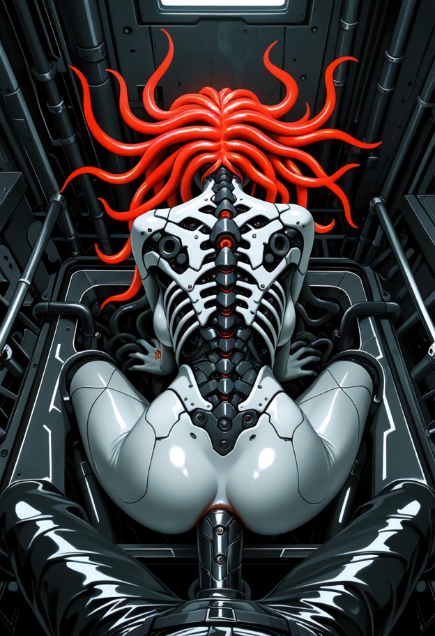 masterpiece,ultra detailed biomechanical surrealism,monochrome grayscale,dark industrial sci-fi environment,intricate…