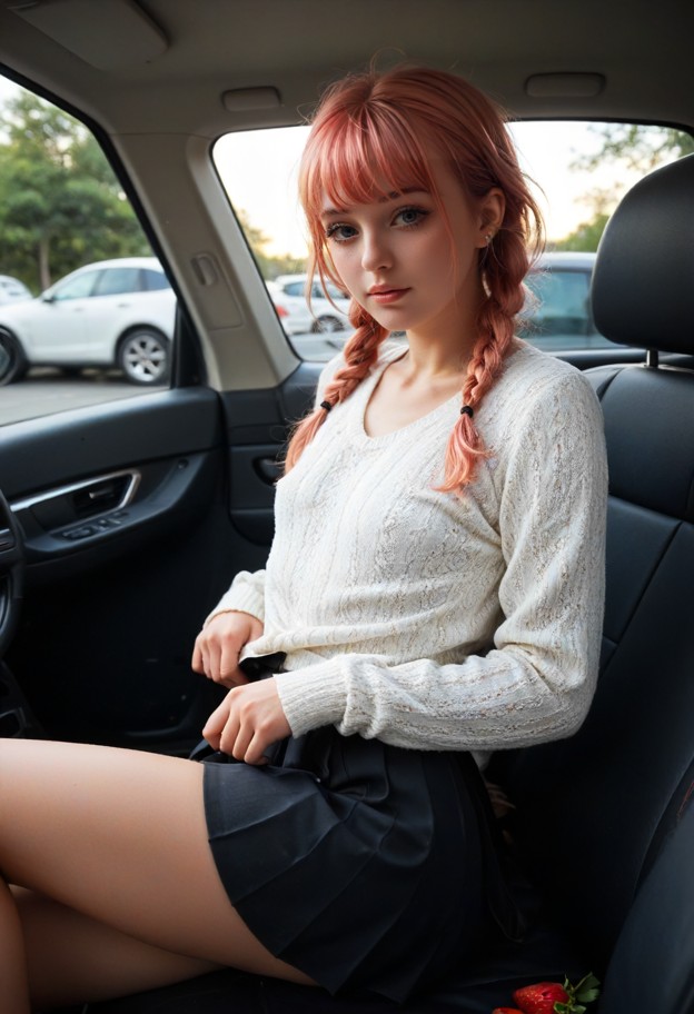 lennox is sitting in the passenger seat of a car,solo,wearing sweater,pulling sweater up,boobs,pleated skirt,inside c…