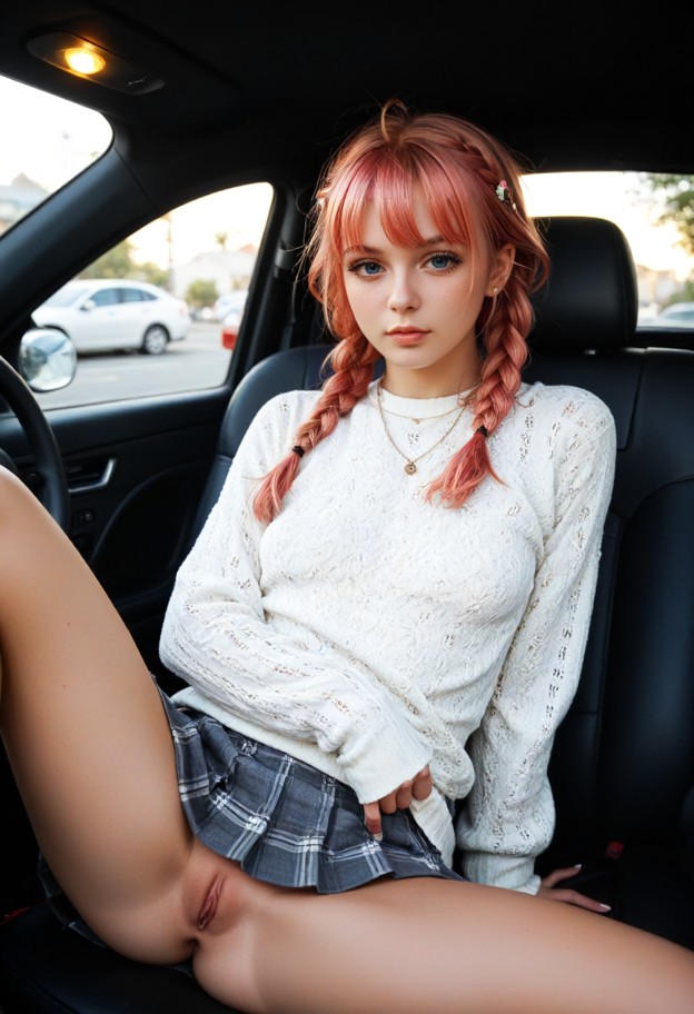 lennox sits in the passenger seat,solo,cotton sweater,pleated skirt,inside a car,leather seats,dashboard lights,eveni…