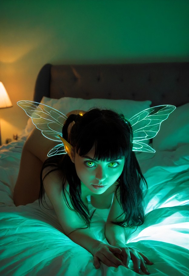 solo,naked,crawling on bed,breathless,wide eyes,bedroom,rumpled sheets,close-up,soft lamp light