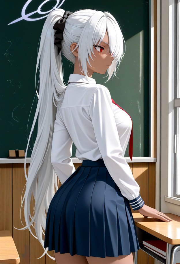 leaning against the doorframe,white school shirt,blue pleated skirt,classroom,wooden desks,chalkboard,students in bac…