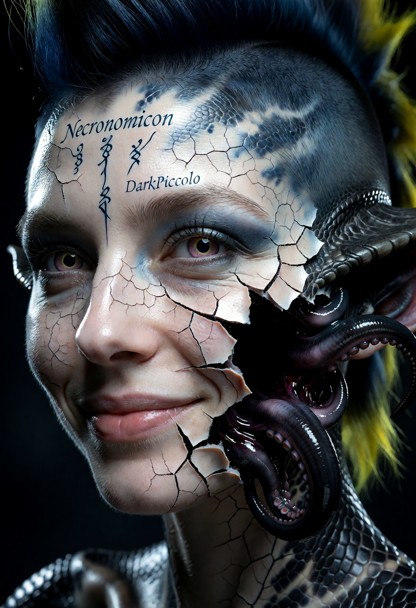 An extreme macro close-up photograph of a woman's face, capturing a deeply unsettling psychological contrast. She is …