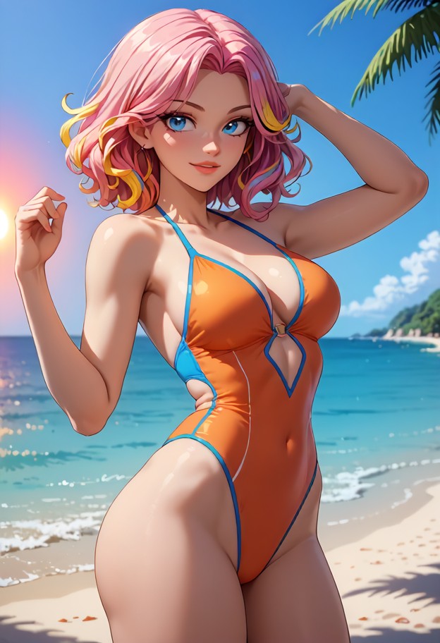 1girl,solo,hands up,shaking hips (dancing),swimsuit,beachwear,summer outfit,natural skin,minimal jewelry,flirty,subtl…