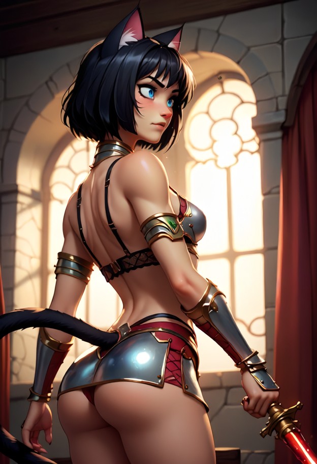 na'teshi tucks a glass vial into her pouch,metal armor top,leather skirt bracer,steel shin guards,black lace bra,red …