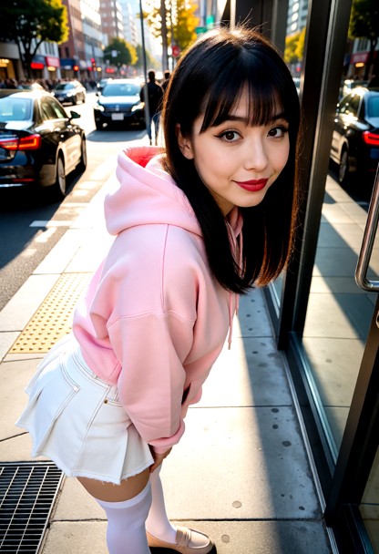 Location: a busy urban street corner during a bright afternoon, with sunlight reflecting off passing cars and storefr…