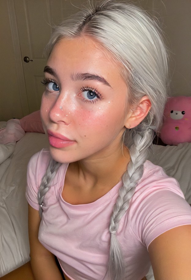 she is is sitting on the edge of the bed,biting her lip,pink oversized cotton t-shirt,messy bed,white sheets,pink plu…