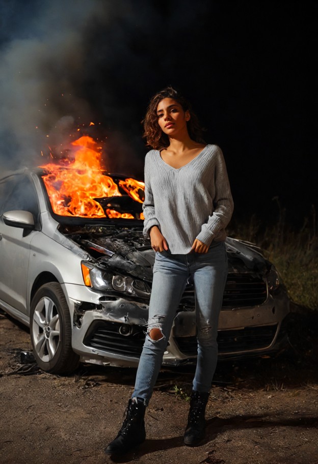 the she is stands still near a car wreckage,grey cotton sweater,dark denim jeans,black leather boots,car wreckage,fli…