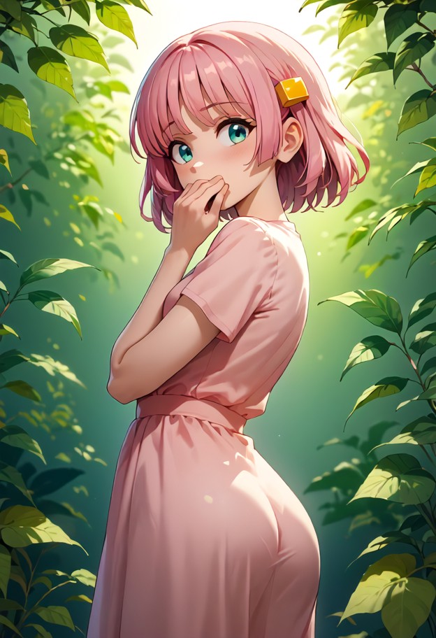 bocchi stands with an overwhelmed expression and hands covering her mouth,pink cotton school dress,quiet outdoor area…