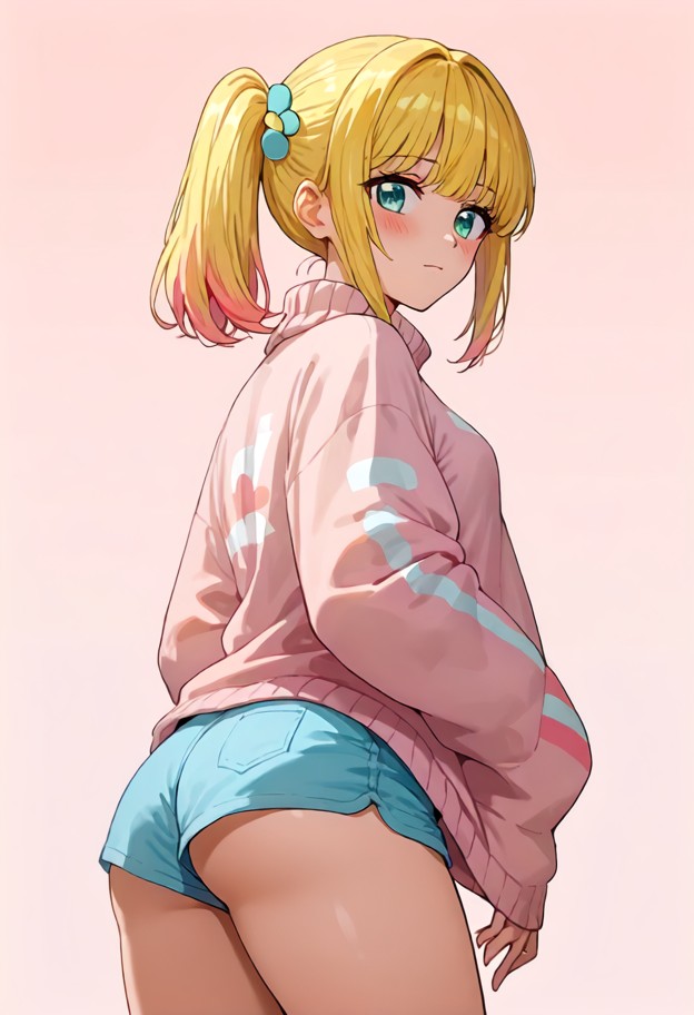 1girl standing,pale blue oversized sweater,white cotton shorts,nervously clutching chest,looking downwards,blushing,b…