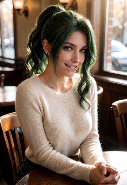Location: a brightly lit, cozy cafe during a sunny afternoon with polished wooden tables, soft ambient light filterin…