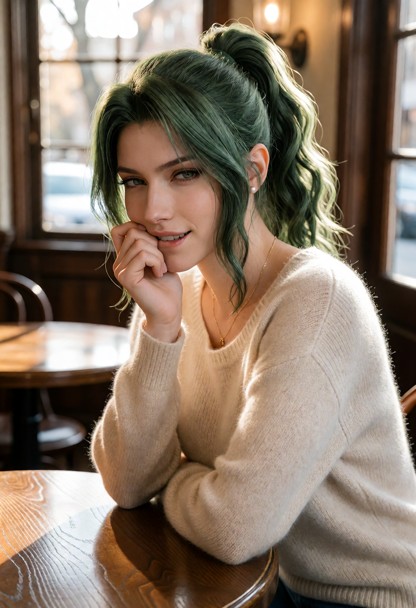 Location: a brightly lit, cozy cafe during a sunny afternoon with polished wooden tables, soft ambient light filterin…