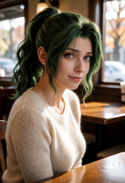 Location: a brightly lit, cozy cafe during a sunny afternoon with polished wooden tables, soft ambient light filterin…