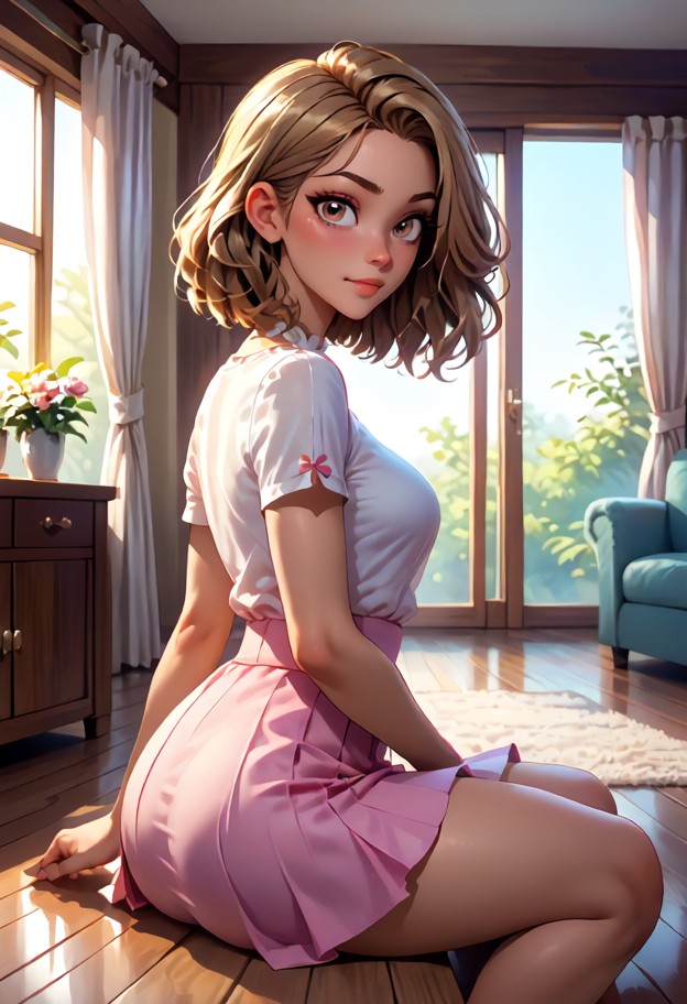 1girl sitting on gray couch,wearing pink skirt,white blouse,brown hair,calm expression,living room,wooden floor,large…