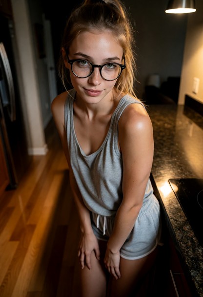 Location: evening in a dimly lit kitchen with warm shadows stretching across the wooden floor and a soft amber glow f…