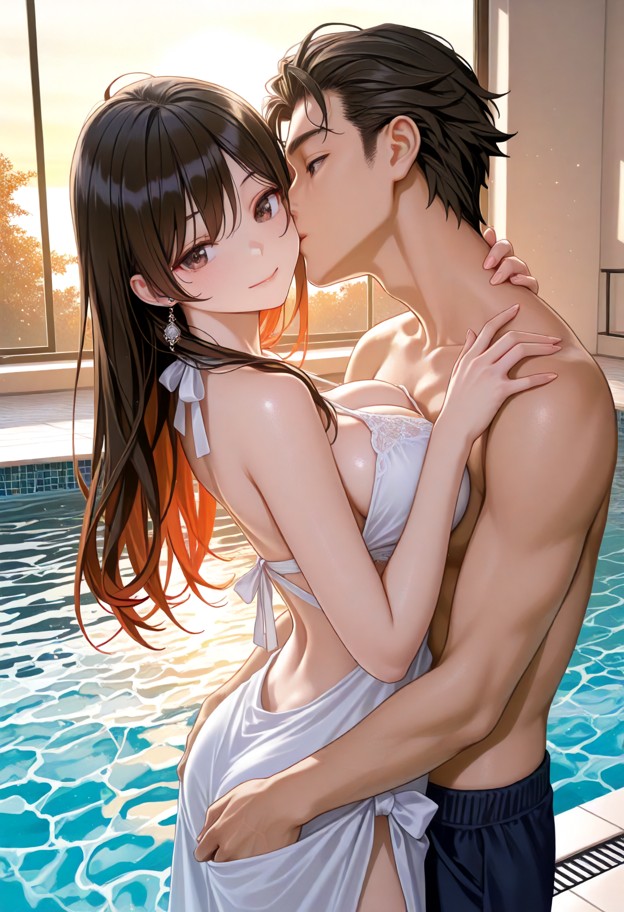 swimsuit,beachwear,summer outfit,natural skin,minimal jewelry,1girl,1guy,kissing neck,fondling breasts,soft tease,sen…