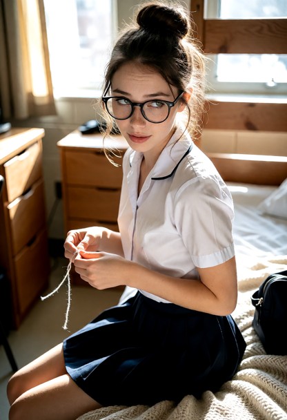Location: afternoon in a sunlit dorm room with light filtering through the windows, casting soft glows on the wooden …