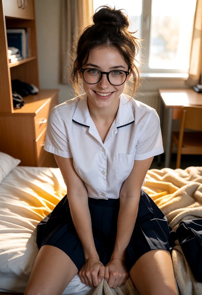 Location: afternoon in a sunlit dorm room with light filtering through the windows, casting soft glows on the wooden …