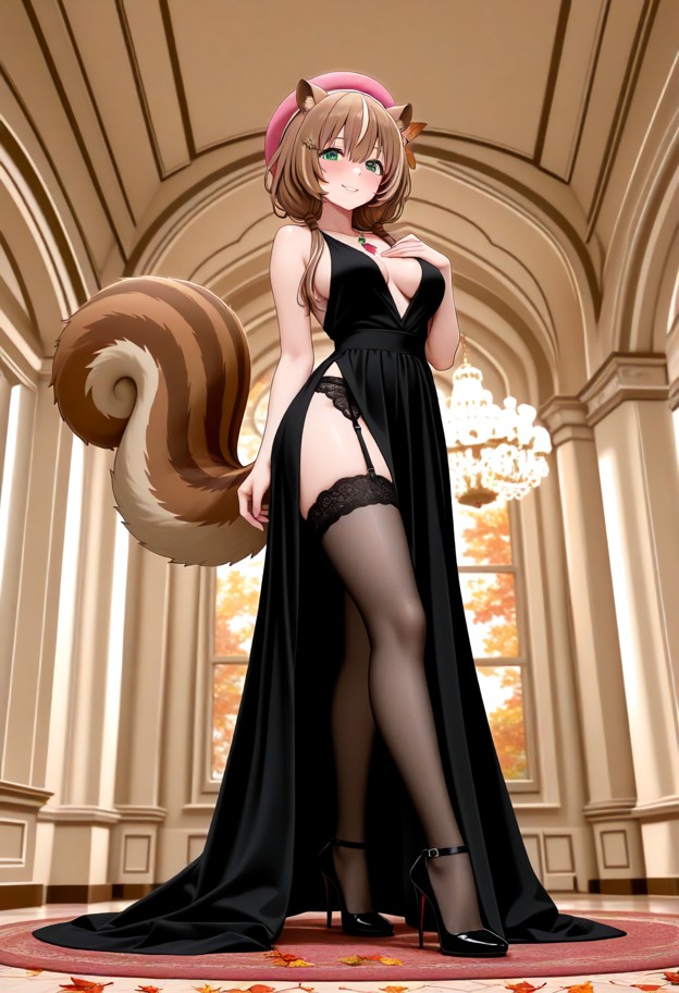 a she is is standing in a luxury ballroom,wearing an evening dress with a slit,garter belt,stockings,and stiletto hee…