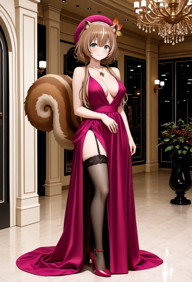 a she is is standing in a ballroom,wearing evening dress,slit,stockings,stiletto heels,ballroom,luxury interior,full …